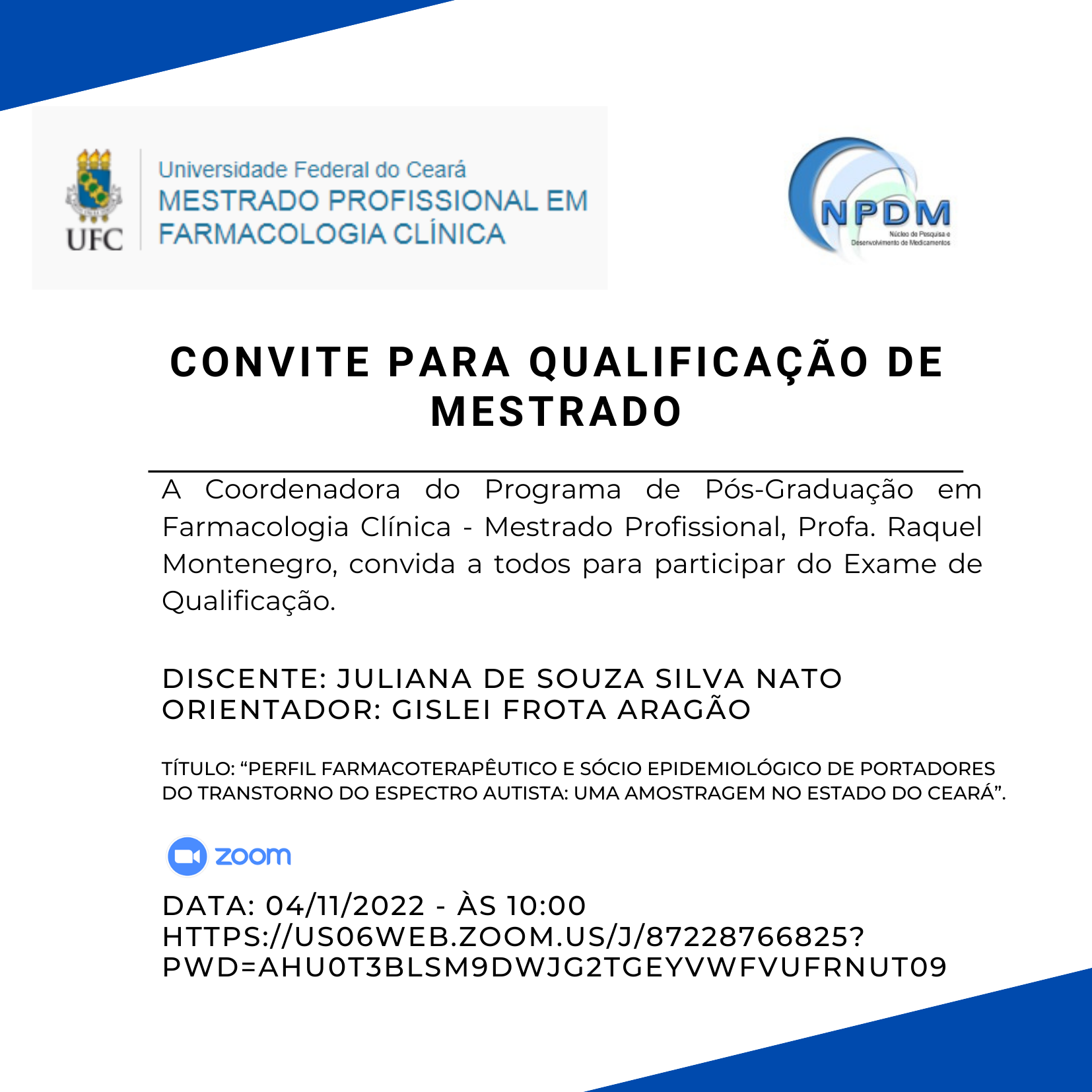 Convite – Exame de Qualificação do Mestrado em Farmacologia Clínica ...